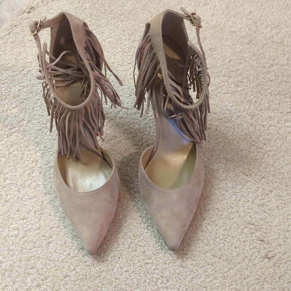 Tan Suede Stuart Weitzman Heels With Fringe Ankle Strap
